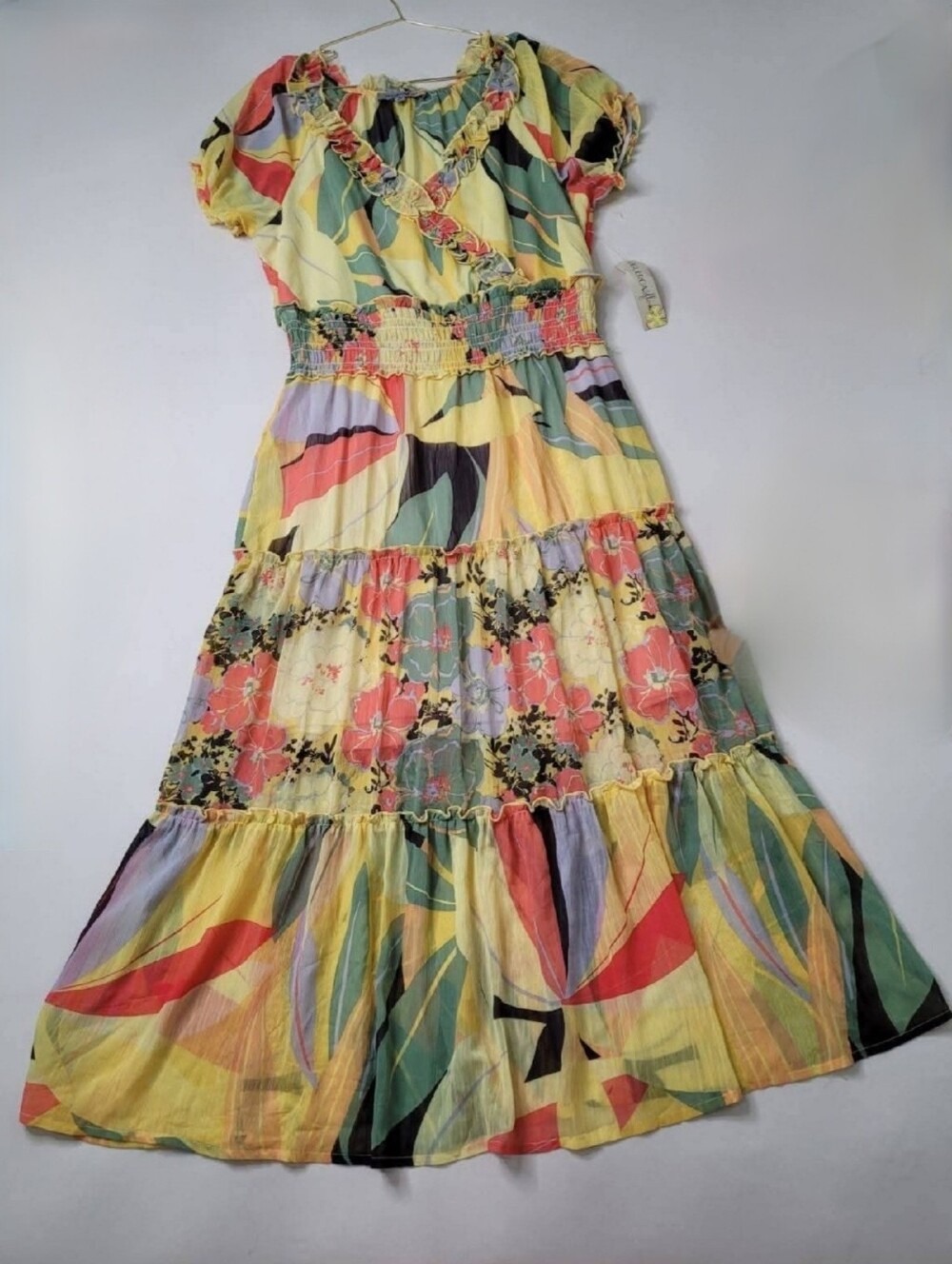 Yellow Floral & Abstract Print Tiered Maxi Dress Size L